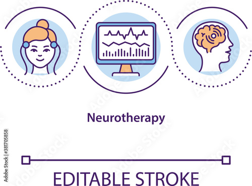 Neurotherapy concept icon. Neurological research, EEG test idea thin line illustration. Brain activity monitoring, checking neurofeedback. Vector isolated outline RGB color drawing. Editable stroke
