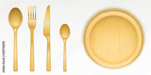 Wooden cutlery and round tray for pizza in restaurant or canteen. Vector realistic set of flatware and circle plate. Fork, spoons, knife and dish from wood or bamboo isolated on transparent background