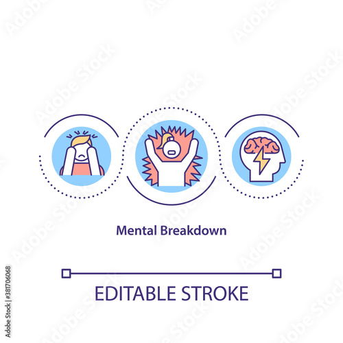 Mental breakdown concept icon. Psychological problem, emotional stress. Breaking point idea thin line illustration. Stress, anger management. Vector isolated outline RGB color drawing. Editable stroke