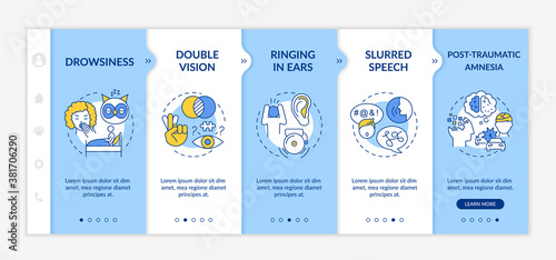 Head injury onboarding vector template. Ringing in ears. Slurred speech. Post traumatic amnesia. Responsive mobile website with icons. Webpage walkthrough step screens. RGB color concept