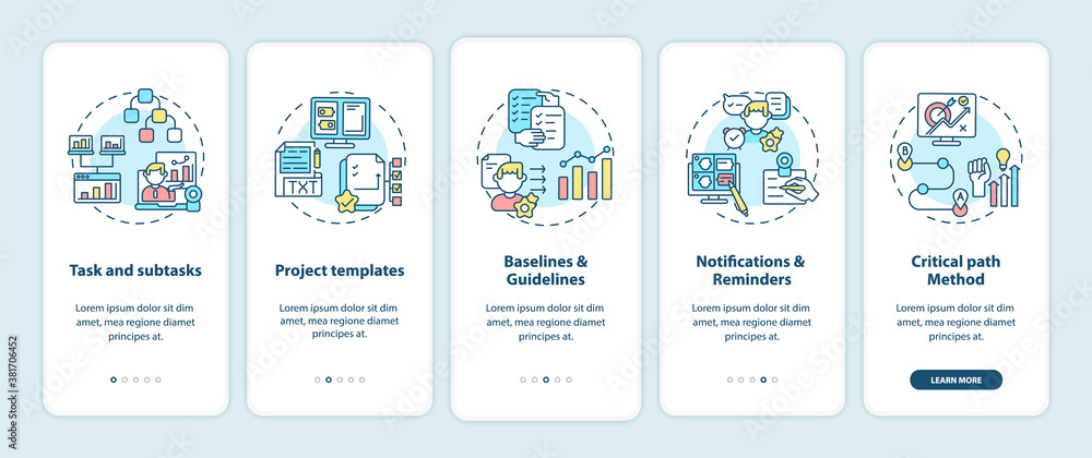 Remote work software structure onboarding mobile app page screen with concepts. Task and subtasks, guidelines walkthrough 5 steps graphic instructions. UI vector template with RGB color illustrations
