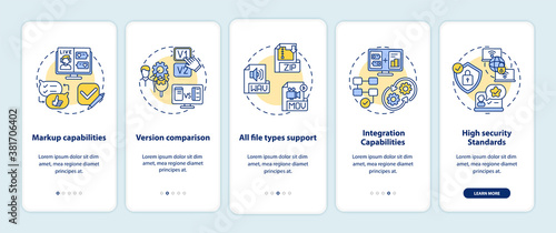Online proofing software features onboarding mobile app page screen with concepts. Markup, integration capabilities 5 steps graphic instructions. UI vector template with RGB color illustrations