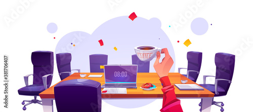 Boss at office workplace in morning view from first person, businessman with coffee cup sitting at table with laptop and armchairs around. Working place, work day beginning Cartoon vector illustration