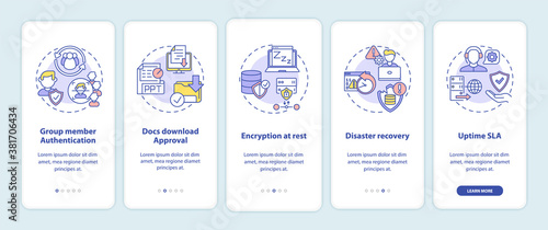 Remote work tool security parameters onboarding mobile app page screen with concepts. Authentication, recovery walkthrough 5 steps graphic instructions. UI vector template with RGB color illustrations