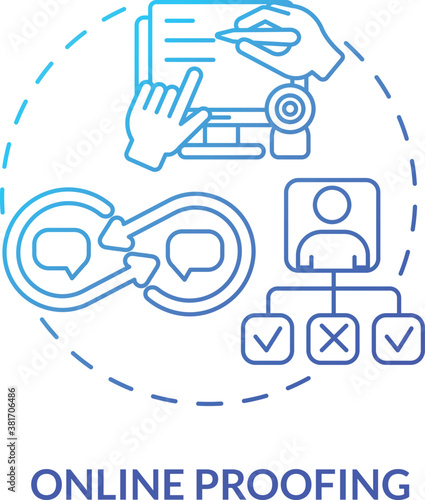 Online proofing concept icon. App feature idea thin line illustration. Files reviewing. Team members active involvement. Effective quick proofing process. Vector isolated outline RGB color drawing