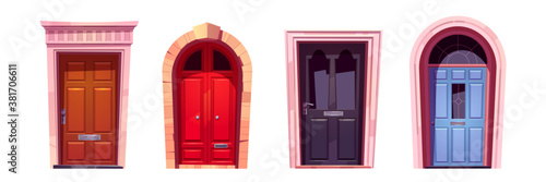 Wooden doors with stone doorjambs, metal handles and slot for mail. Vintage style arched and rectangular entries, palace or castle exterior design elements with knobs Cartoon vector illustration set