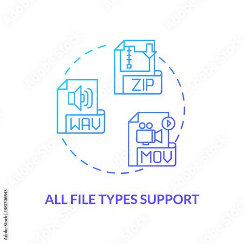 All file types support concept icon. Software feature idea thin line illustration. Supported media, audio, archive formats. Program and data files. Vector isolated outline RGB color drawing