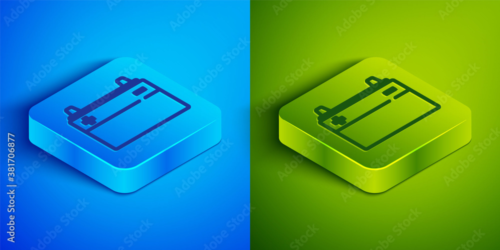 Isometric line Car battery icon isolated on blue and green background. Accumulator battery energy power and electricity accumulator battery. Square button. Vector. Isometric line Car battery icon isolated on blue and green background. Accumulator battery energy power and electricity accumulator battery. Square button. Vector.