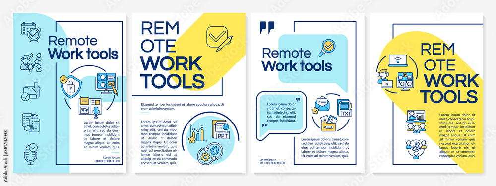 Remote work tools brochure template. Online project management. Flyer, booklet, leaflet print, cover design with linear icons. Vector layouts for magazines, annual reports, advertising posters