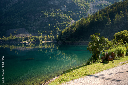 Miralago, Switzerland - July 21, 2020 : View of Poschiavo lake from the train photo