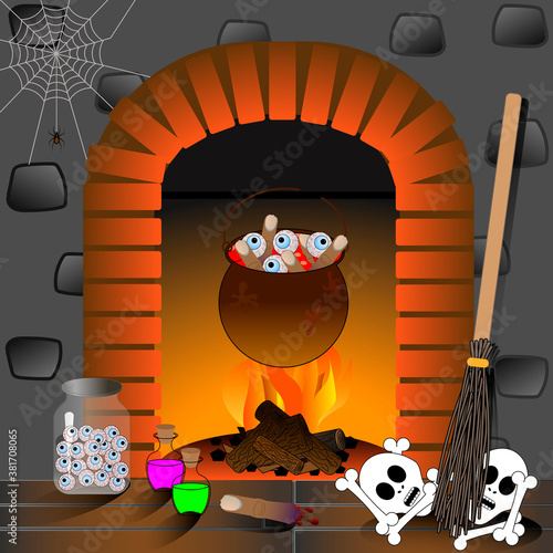 Halloween background with hot fingers and eyes in old witch's cauldron on fire. Vector illustration