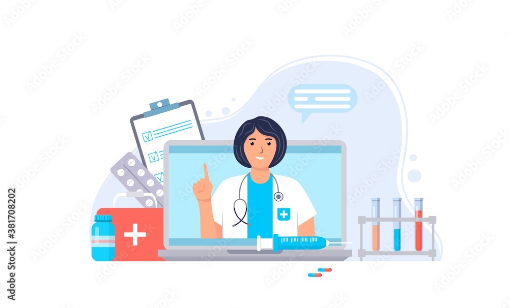 Doctor online. Medical services. Ask your doctor. Online medical consultation and support concept. Female character with stethoscope and medical supplies on laptop screen. Vector illustration. Doctor online. Medical services. Ask your doctor. Online medical consultation and support concept. Female character with stethoscope and medical supplies on laptop screen. Vector illustration.