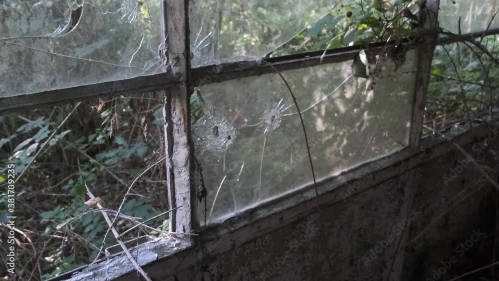 handheld shot of bullet holes in a window in an abandoned building handheld shot of bullet holes in a window in an abandoned building