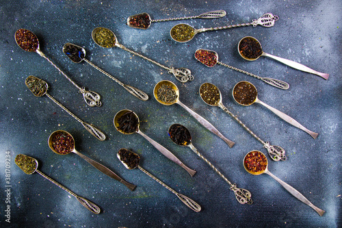 Set of tea on the vintage silverware spoons, , various of tea