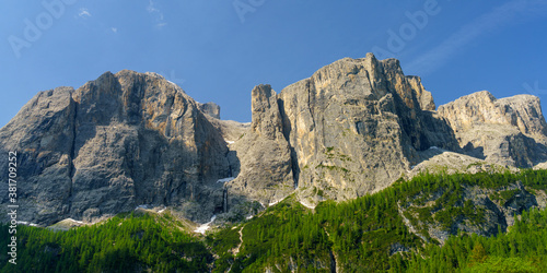 Mountain landscape along the road to Gardena pass, Dolomites