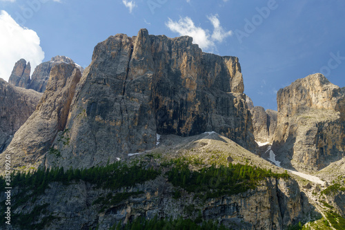 Mountain landscape along the road to Gardena pass, Dolomites