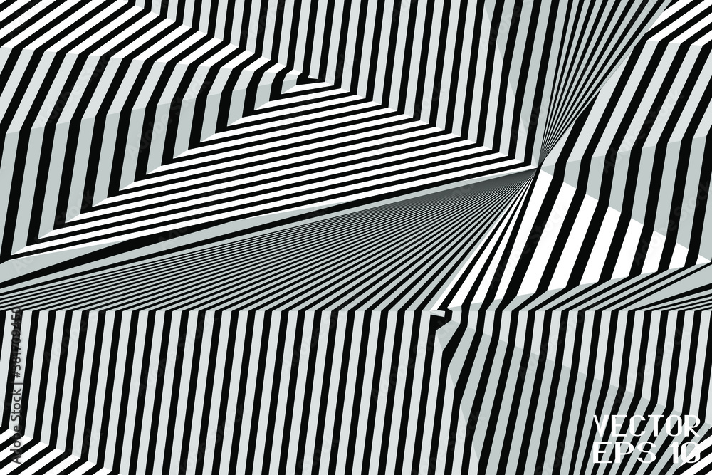 Abstract Seamless Black and White Geometric Pattern with Stripes. Optical Psychedelic Illusion. Contrasting Textured Volumetric Surface. Vector. 3D Illustration Abstract Seamless Black and White Geometric Pattern with Stripes. Optical Psychedelic Illusion. Contrasting Textured Volumetric Surface. Vector. 3D Illustration
