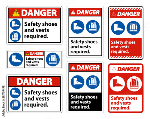 Danger Sign Safety Shoes And Vest Required With PPE Symbols on White Background,Vector Illustration