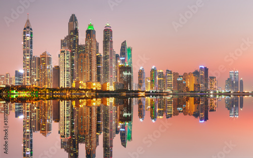 Modern and Luxury Dubai Marina - famous Jumeirah beach at sunrise, United Arab Emirates