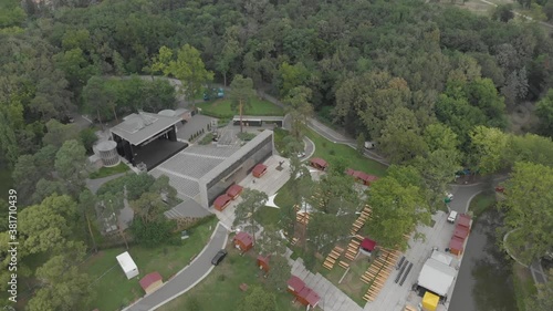 Aerial / drone footage of the open air theater in Debrecen, second largest city and a major cultural center of Hungary, located in the Northern Great Plain region photo