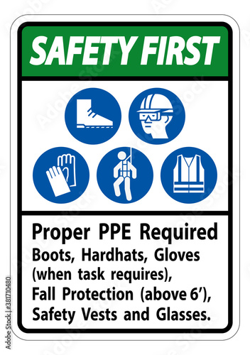 Safety First Sign Proper PPE Required Boots, Hardhats, Gloves When Task Requires Fall Protection With PPE Symbols