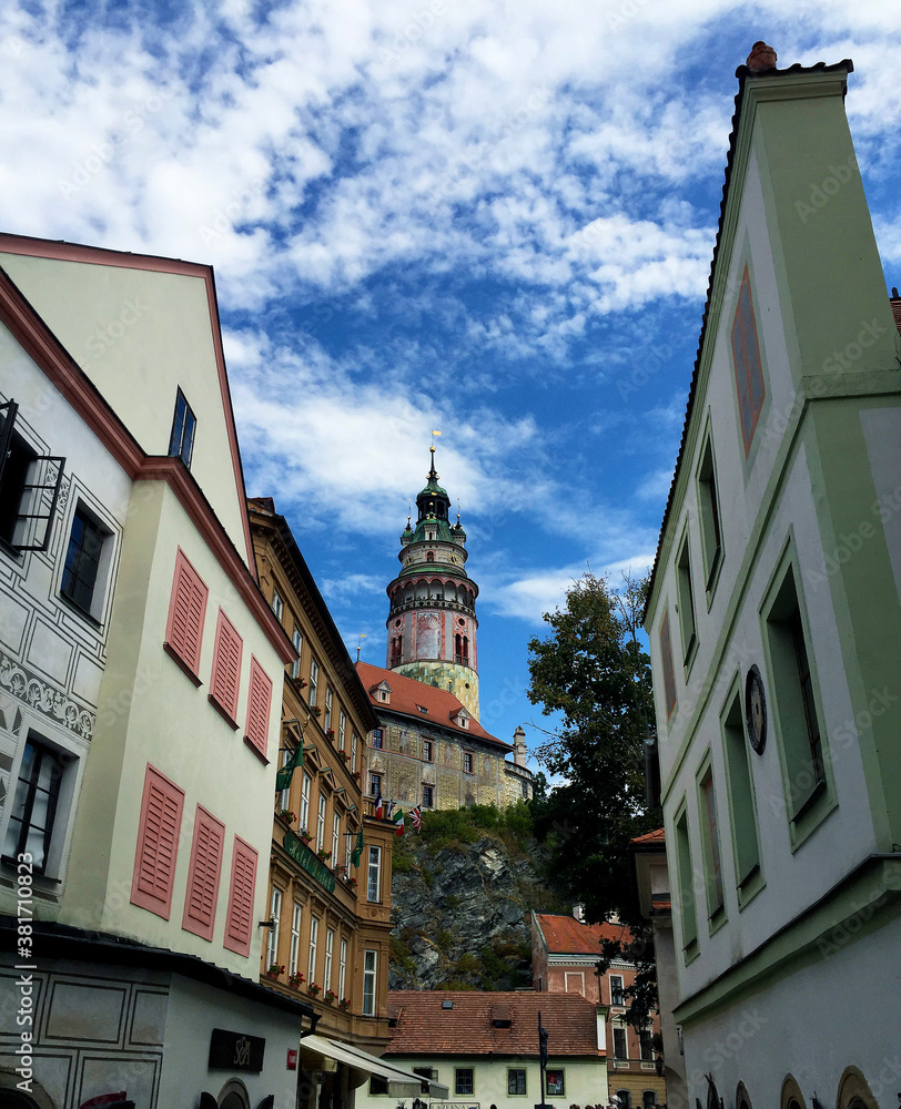 Obraz premium view of Castle Tower in Cesky Krumlov, Czech Republic