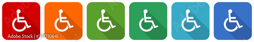 Wheelchair icon set, flat design vector illustration in 6 colors options for webdesign and mobile applications
