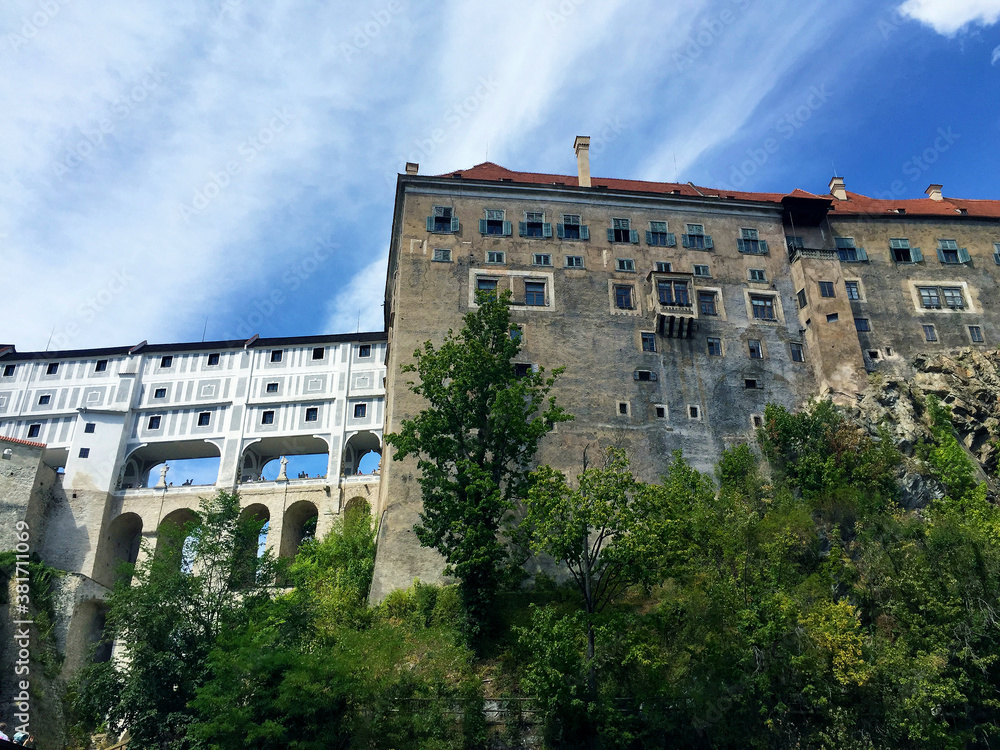view of Cesky Krumlov castle and The Cloak Bridge in Czech Republic
