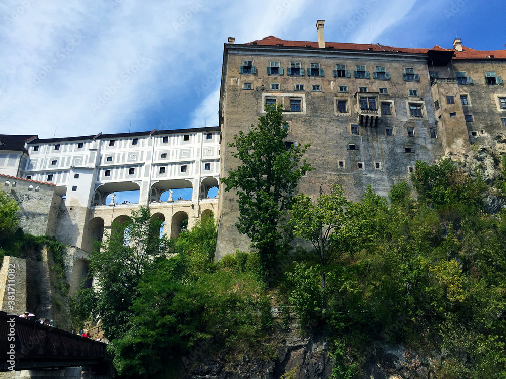 view of Cesky Krumlov castle and The Cloak Bridge in Czech Republic