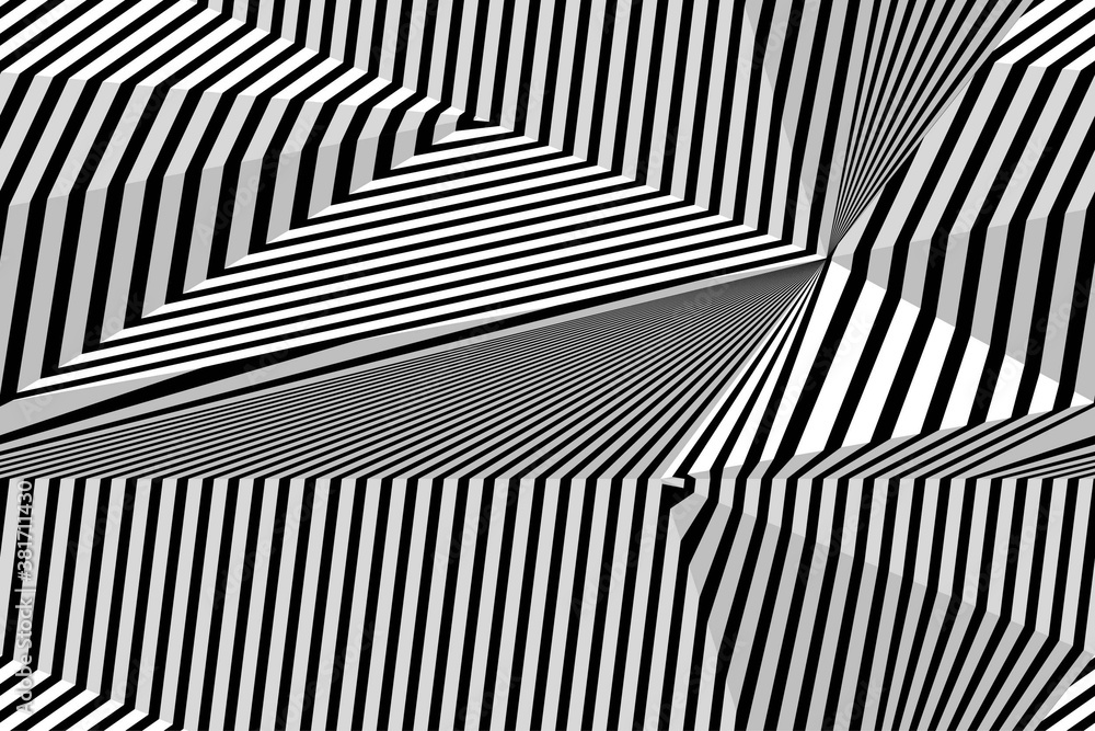 Abstract Seamless Black and White Geometric Pattern with Stripes. Optical Psychedelic Illusion. Contrasting Textured Volumetric Surface. Raster. 3D Illustration
