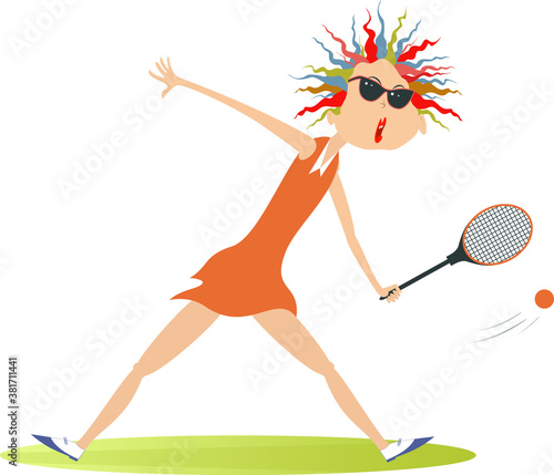 Young woman playing tennis isolated illustration. Pretty young woman in sunglasses with a tennis racket beats a ball isolated on white
