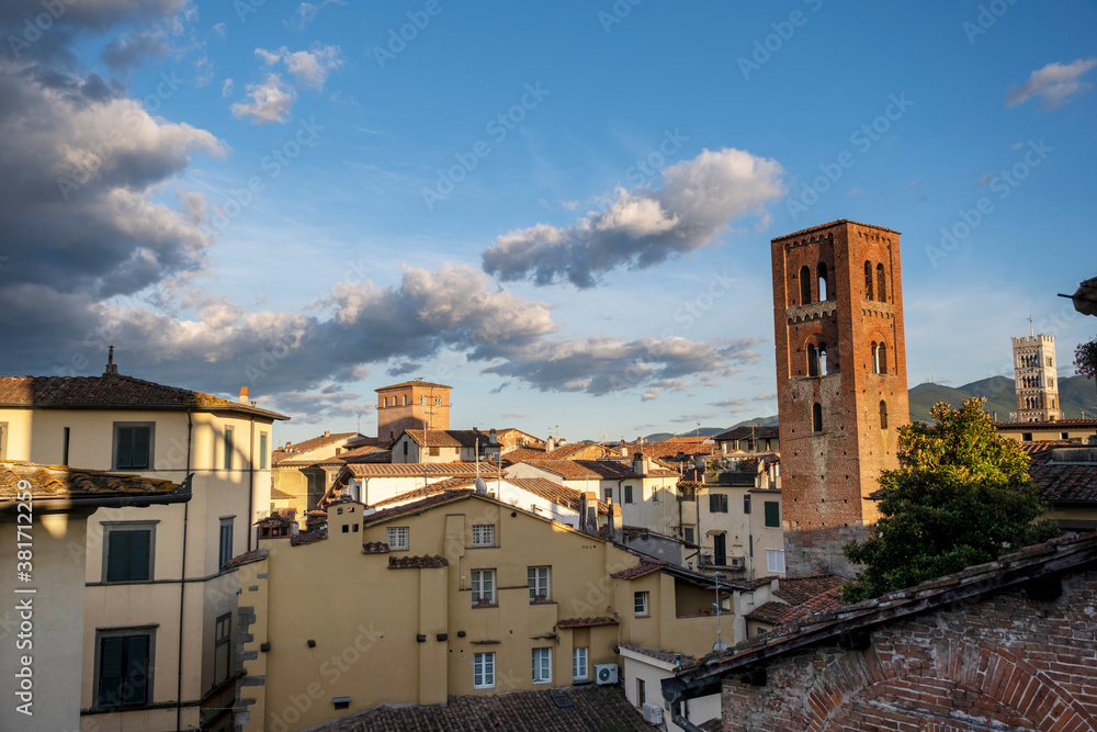 View of the clock tower in Lucca the walled city from above, Lucca, Tuscany, Italy