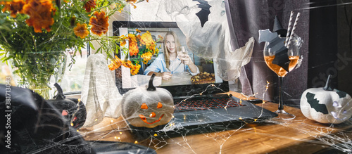 Halloween online holiday remote celebration halloween in lockdown coronavirus quarantine covid 19 new normal, social distance, remote communication, stay home vocation