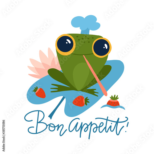 Cute frog holds strawberries cartoon character isolated on white background. Funny frog in a chef's cap. Flat vector illustration with lettering quote Bon Appetit.