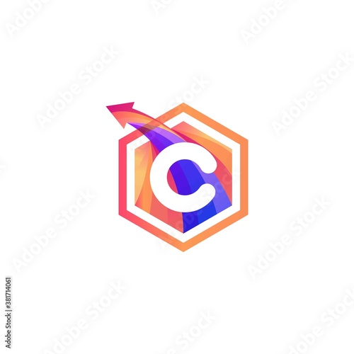 c letter abstract hexagon with arrow colorful logo design
