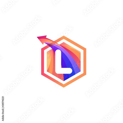 l letter abstract hexagon with arrow colorful logo design