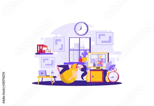 a woman uses her free time at home to practice yoga. Vector illustration