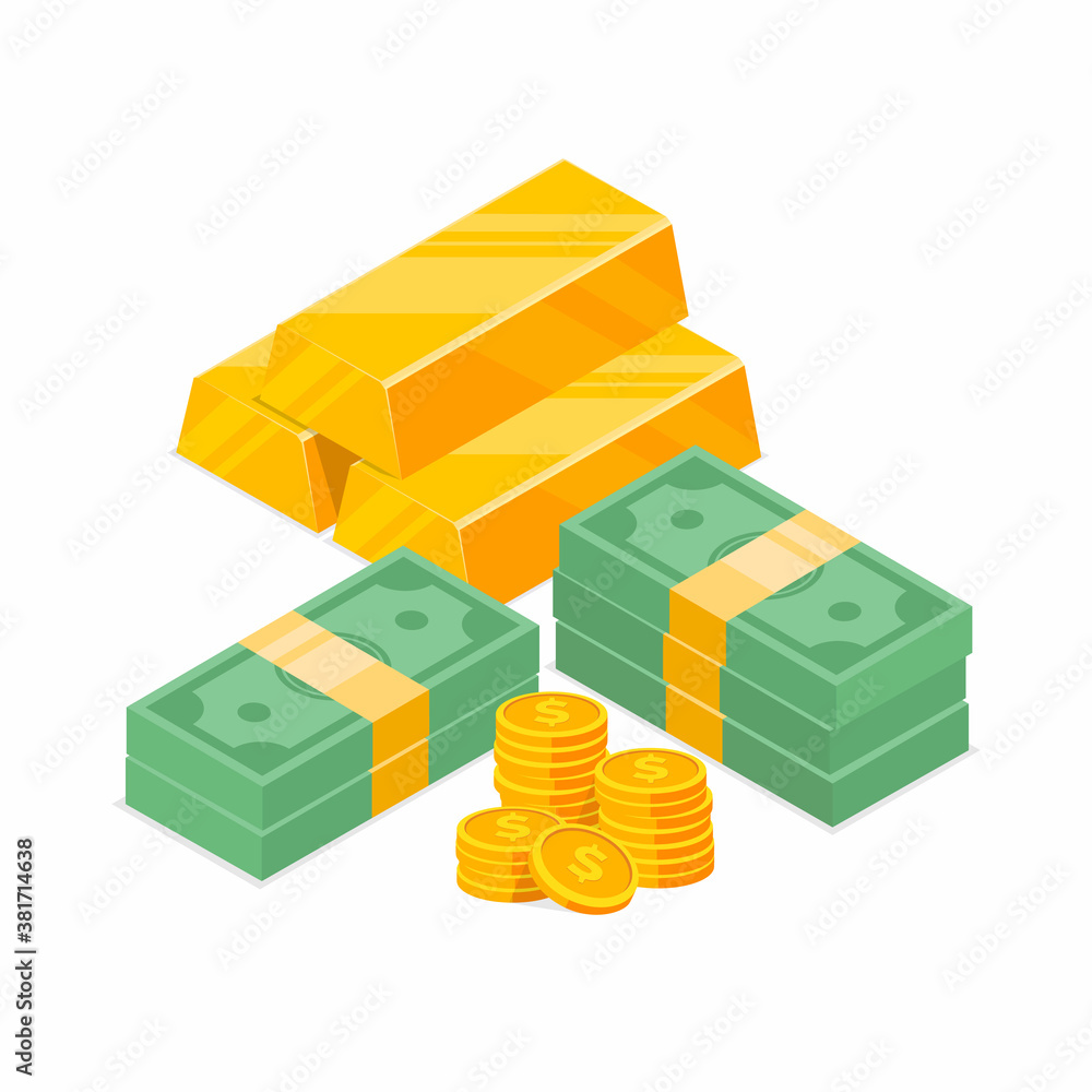 Stack of cash symbol flat style isometric view. Gold Bar Pile, Dollars Bundles, Gold coins with dollar sign. Money, Dollar, Pile, Gold Coins. Money vector illustration.