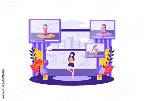 yoga instructor who teaches yoga through videos so that it can be done from home. Vector illustration