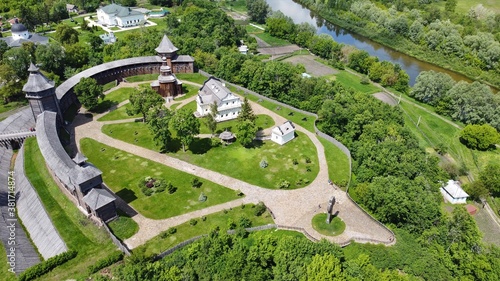 Baturin, Ukraine - June 2020: Wooden Cossack fortress in Baturin, aerial view. Medieval wooden fortress in Chernihiv region near the Seym river, restored 