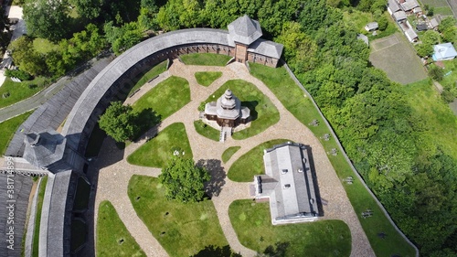 Baturin, Ukraine - June 2020: Wooden Cossack fortress in Baturin, aerial view. Medieval wooden fortress in Chernihiv region near the Seym river, restored
 photo