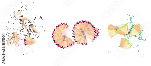 Wooden spiral pencil shavings from sharpener set and collection isolated on white background, top view