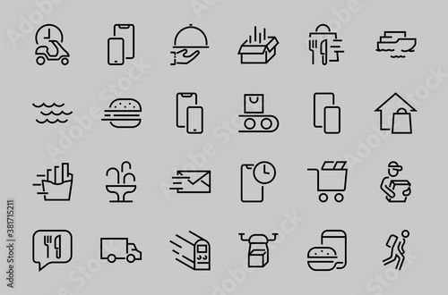 PIZZA DELIVERY, and Food Icon Set Vector thin line, contains courier, home delivery, food ordering, fast transport, drone, ship, car, editable stroke. ICONS circuits