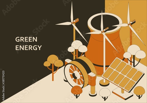 Green energy isometric concept. Solar, wind, geothermal and wave energy. Vector illustration
