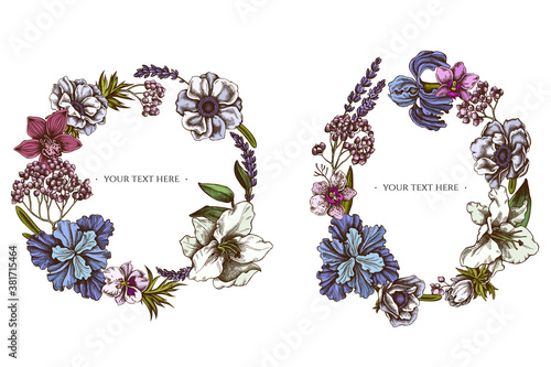 Floral Wreath of colored anemone, lavender, rosemary everlasting, phalaenopsis, lily, iris