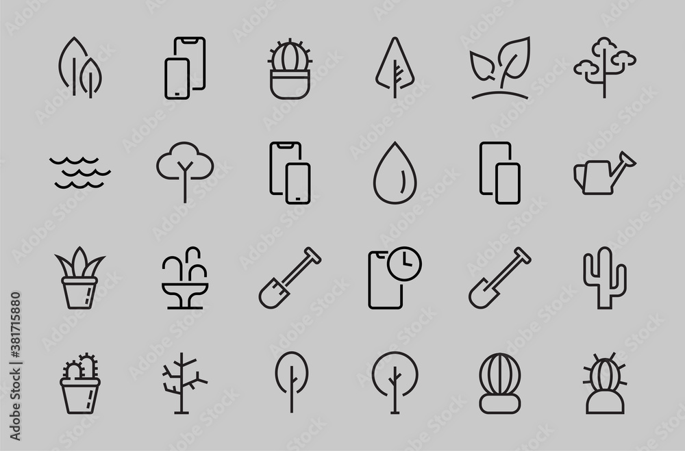 A set of Rosteniya Icons, and garden care, Vector illustration, Contains Icons such as tree, cactus, watering can, spade, flower and much more. on a white background, editable bar 480x480 A set of Rosteniya Icons, and garden care, Vector illustration, Contains Icons such as tree, cactus, watering can, spade, flower and much more. on a white background, editable bar 480x480