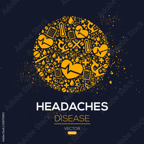 Creative  Headaches  disease Banner Word with Icons  Vector illustration. 