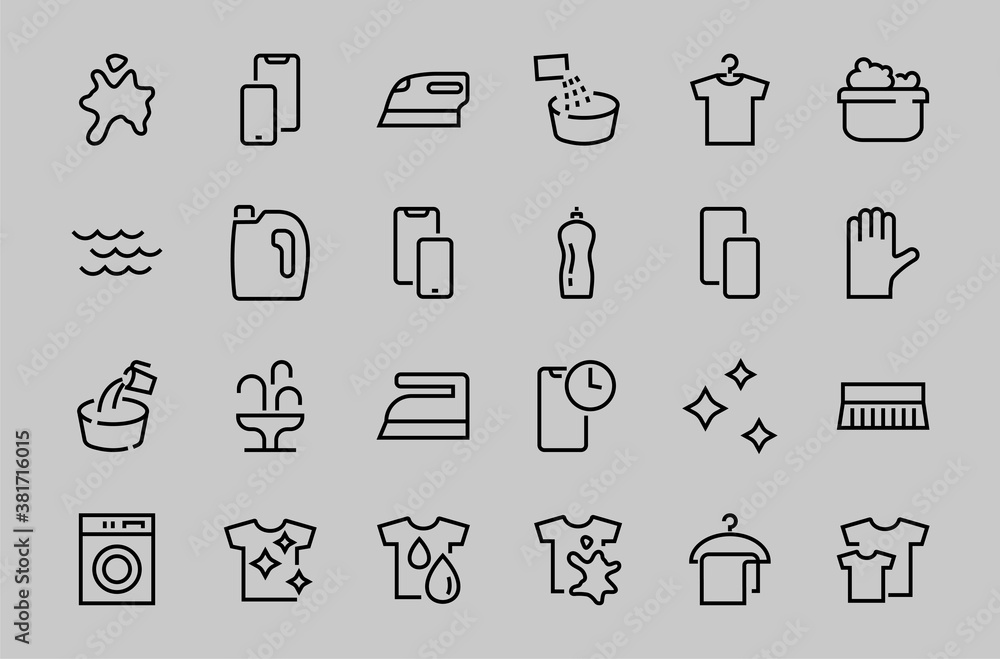 Simple set of washing related vector line Icons. Contains icons such as washing machine, powder, laundry, dirty t-shirt and much more. On a white background, editable stroke. 48x48 pixels perfect Simple set of washing related vector line Icons. Contains icons such as washing machine, powder, laundry, dirty t-shirt and much more. On a white background, editable stroke. 48x48 pixels perfect
