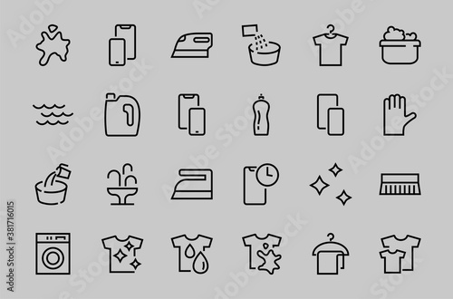 Simple set of washing related vector line Icons. Contains icons such as washing machine, powder, laundry, dirty t-shirt and much more. On a white background, editable stroke. 48x48 pixels perfect
