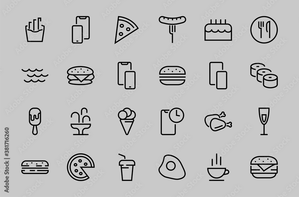 A simple set of fast food icons related to the vector line. Contains icons such as pizza, burger, sushi, bike, scrambled eggs and more. EDITABLE stroke. 480x480 pixels perfect, EPS 10